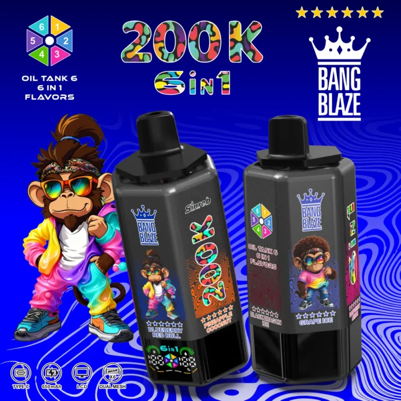 Bang Blaze 200K 6 in 1 Disposable Vape Blueberry Ice flavor with LCD screen, Type-C charging and rechargeable design