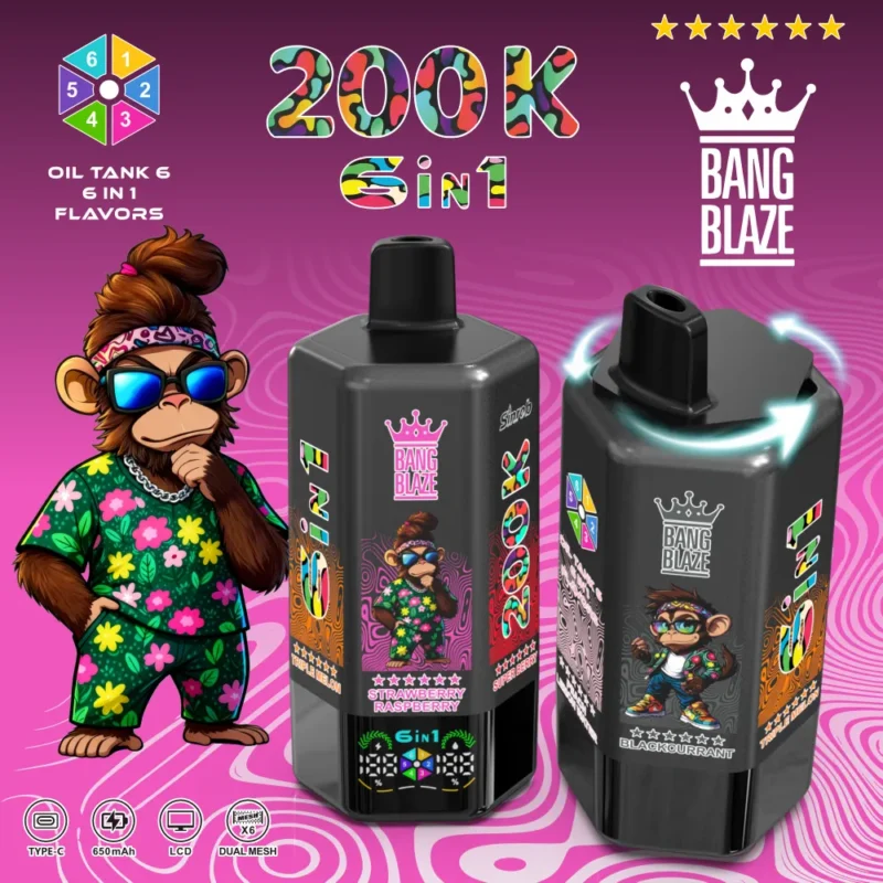 Bang Blaze 200K 6 in 1 Disposable Vape Peach Ice flavor with Dual Mesh Coil, LCD display, 650mAh rechargeable battery and Type-C charging.