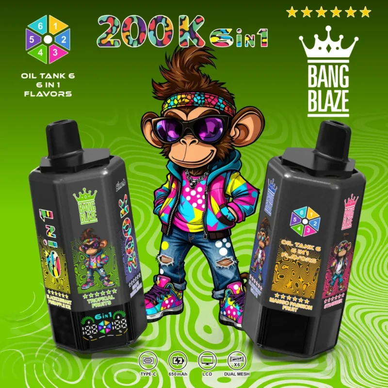 Bang Blaze 200K 6 in 1 Disposable Vape Triple Mango flavor featuring Dual Mesh Coil and rechargeable battery
