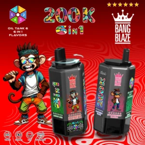 Bang Blaze 200K 6 in 1 Disposable Vape Watermelon Ice flavor featuring LCD display, Type-C charging and rechargeable battery.