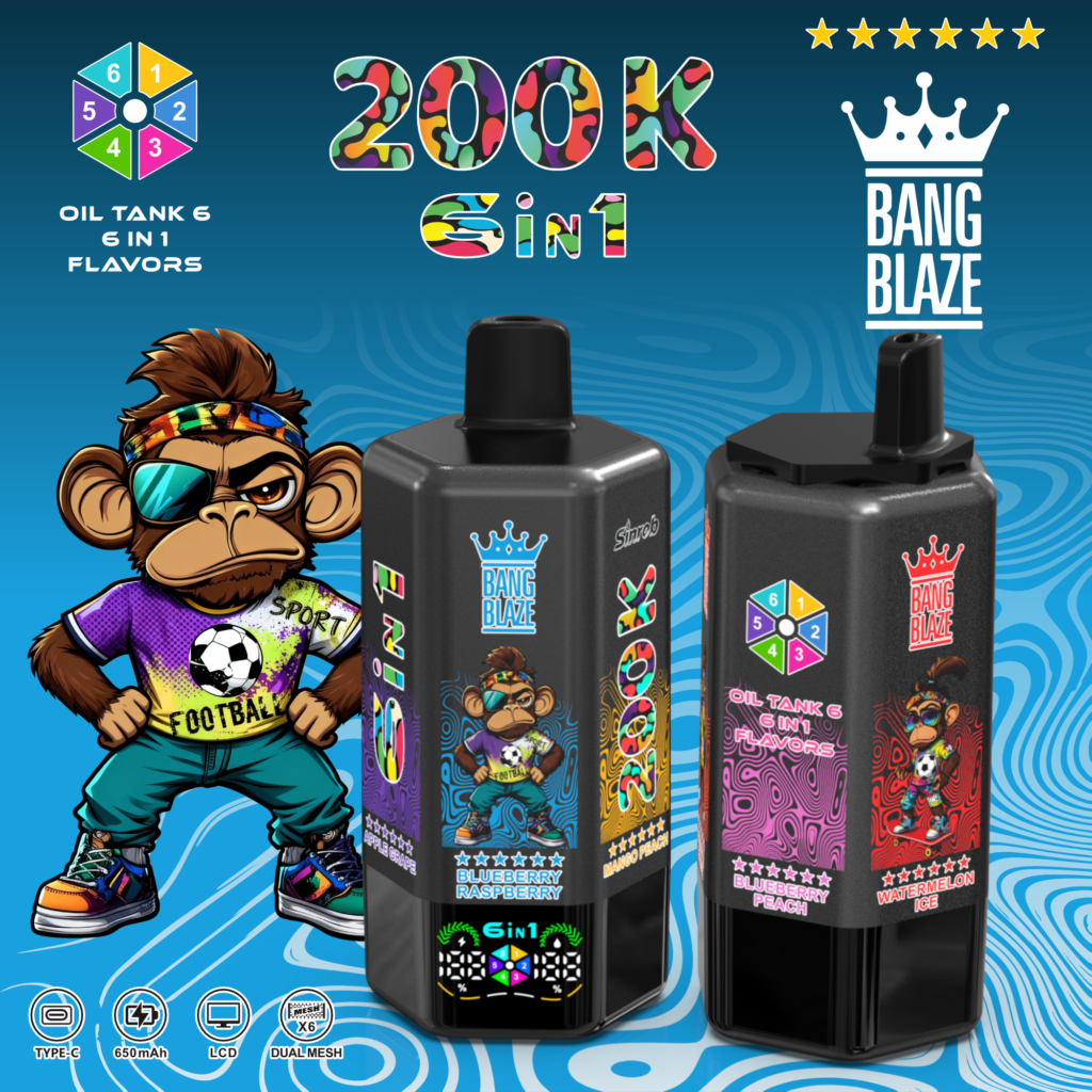 Bang Blaze 200K 6-in-1 disposable vape with LCD screen and dual mesh