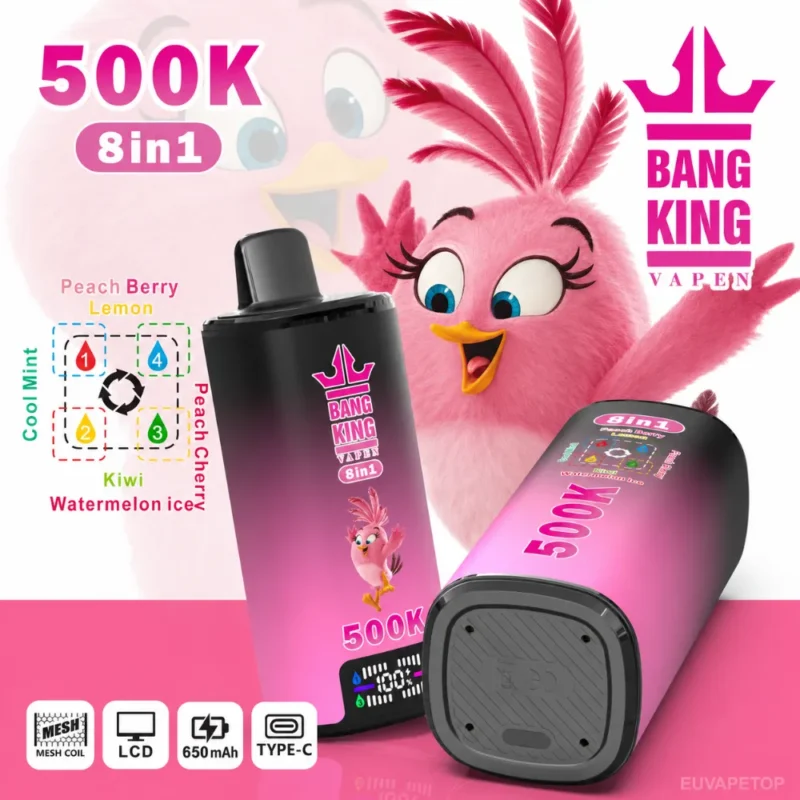 Bang King 500K 8-in-1 vape with Cool Mint, Peach Berry Lemon, Peach Cherry and Kiwi Watermelon Ice flavors