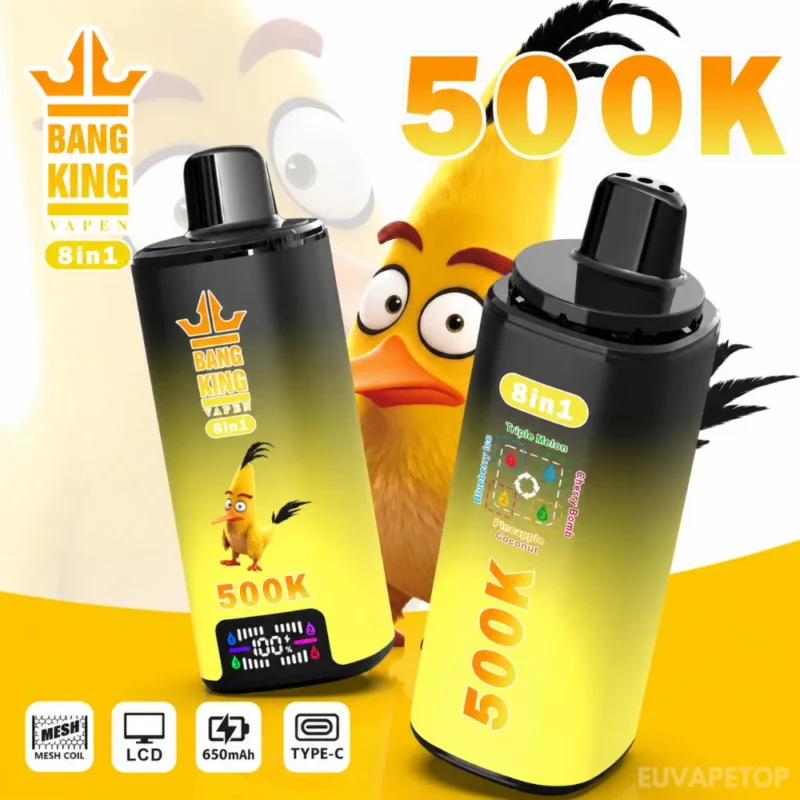 Bang King 500K 8-in-1 vape with Triple Melon, Blueberry Ice, Cherry Bomb and Pineapple Coconut flavors