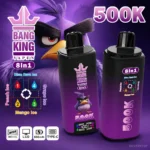 Bang King 500K 8-in-1 purple vape with Blue Razz Ice, Peach Ice, Grape Ice and Mango Ice