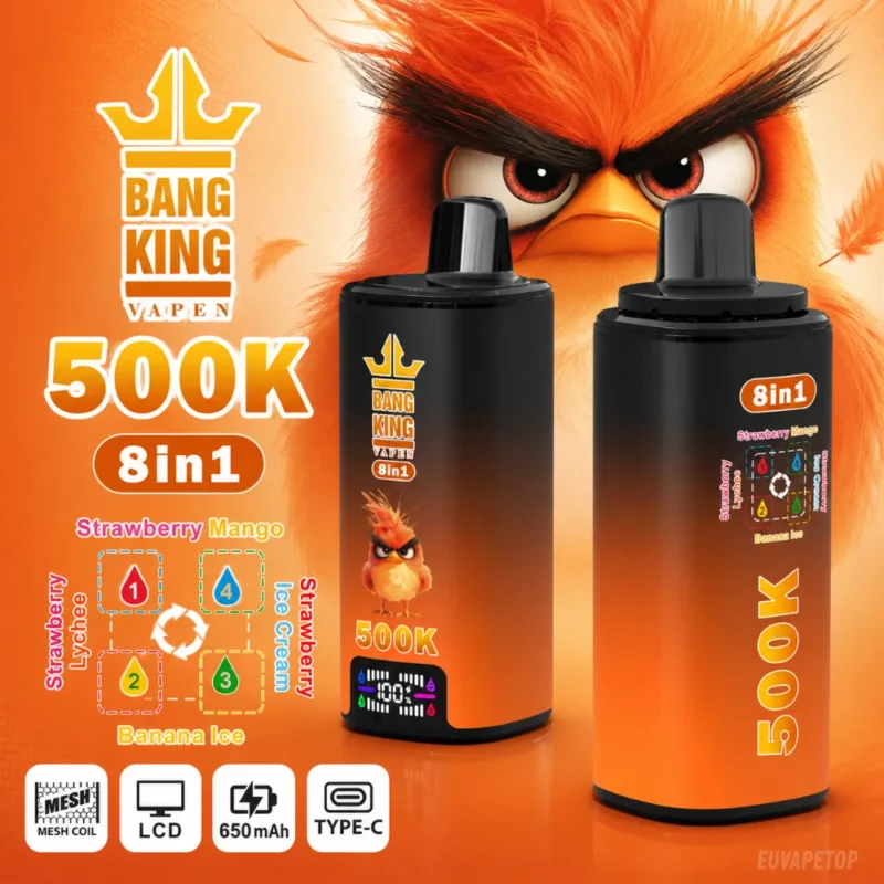 Bang King 500K 8-in-1 orange vape with Strawberry Mango, Strawberry Lychee, Strawberry