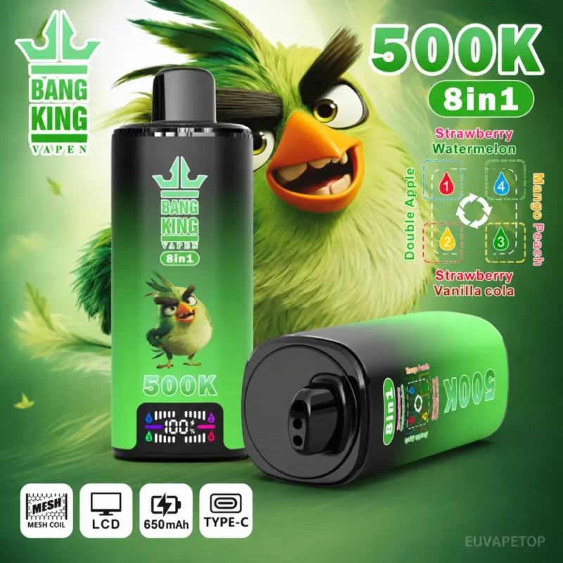 Bang King 500K 8-in-1 green vape with Strawberry Watermelon, Double Apple, Mango Peach