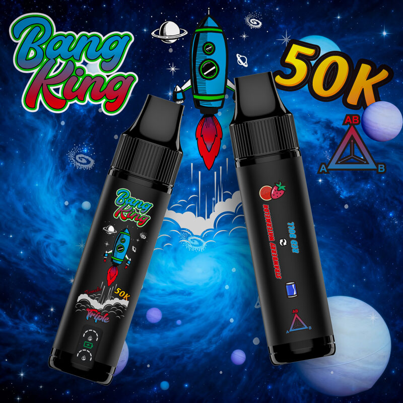 A blue and black vape device with transparent tank red button.