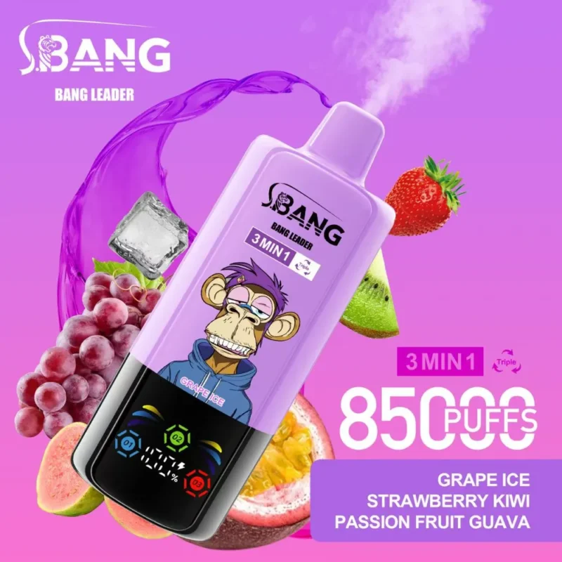BANG Leader 85K Grape Ice, Strawberry Kiwi and Passion Fruit Guava vape