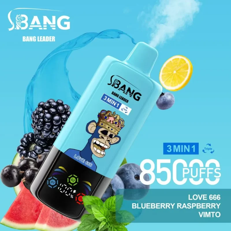 BANG Leader 85K Love 666, Blueberry Raspberry and Vimto triple-flavor vape