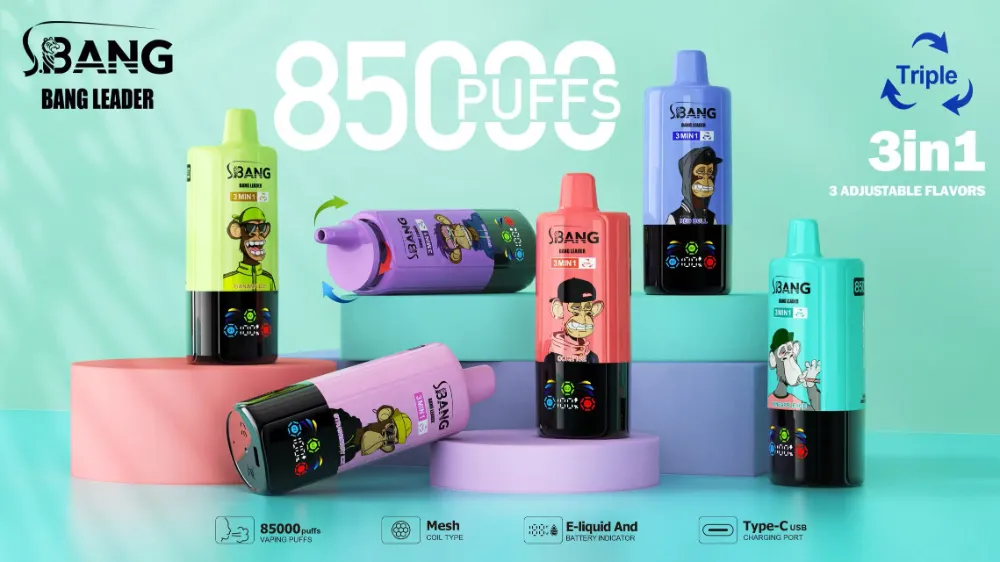 BANG Leader 85K 3-in-1 triple-flavor vape collection in multiple colors