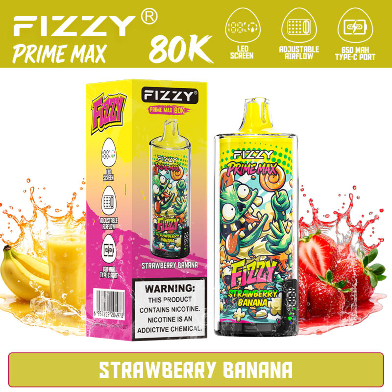 Fizzy Prime Max 80K Strawberry Banana vape and packaging