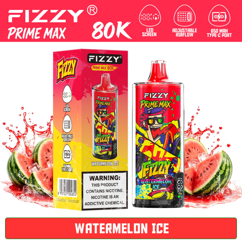 Fizzy Prime Max 80K Watermelon Ice vape and packaging