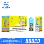 Fumot Eco 80K display box with rechargeable disposable vapes featuring four flavors, digital display and Dual Mesh Coil