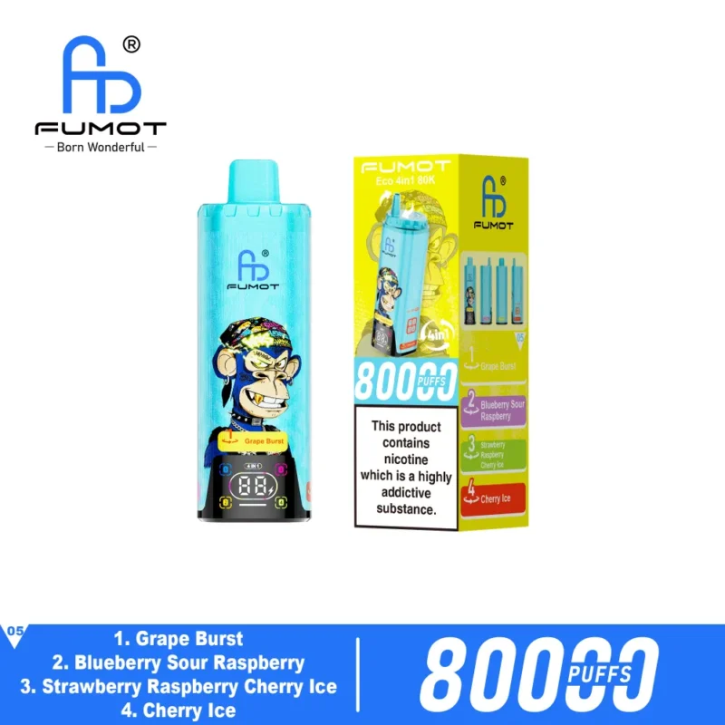 Fumot Eco 80K 4 in 1 disposable vape with retail box, 80000 puffs, rechargeable battery and Type-C fast charging