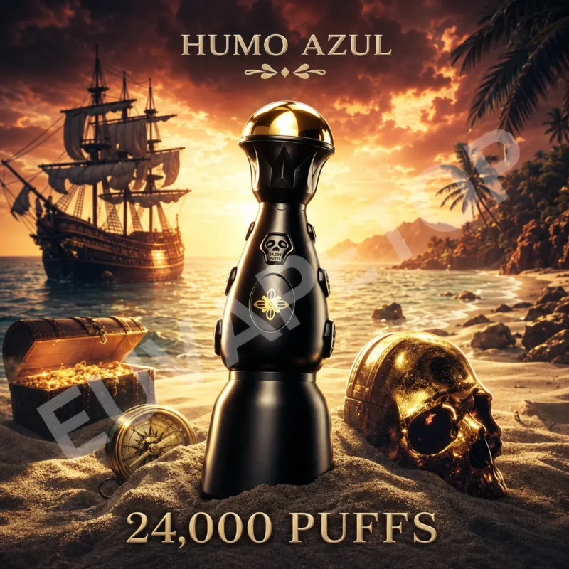 HUMO AZUL 24K Dark Night black vape in pirate-themed setting