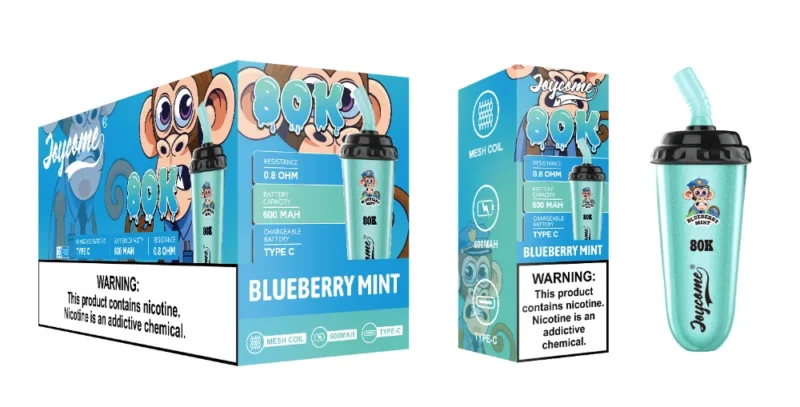 Joycome 80K Blueberry Mint disposable vape with retail packaging, 600mAh rechargeable battery, Type-C charging and 80,000 puffs.