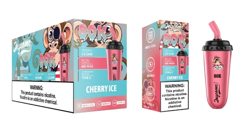 Joycome 80K Cherry Ice disposable vape with retail packaging, 600mAh rechargeable battery, Type-C charging and 80,000 puffs.
