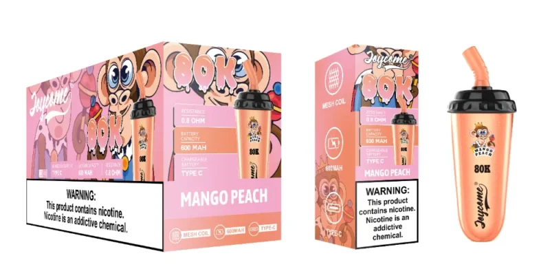 Joycome 80K Mango Peach disposable vape with retail packaging, 600mAh rechargeable battery, Type-C charging and 80,000 puffs.