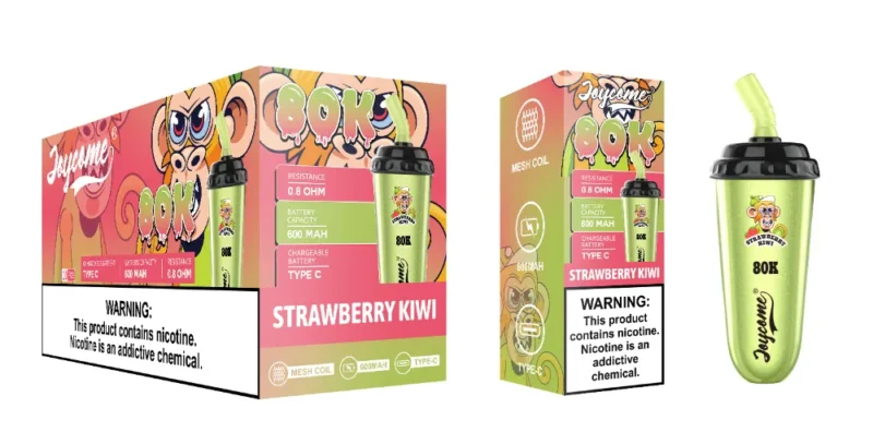 Joycome 80K Strawberry Kiwi disposable vape with retail packaging, 600mAh rechargeable battery, Type-C charging and 80,000 puffs.