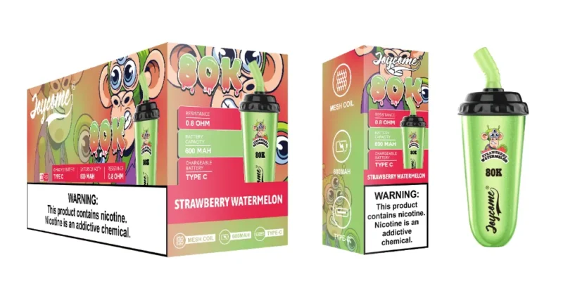 Joycome 80K Strawberry Watermelon disposable vape with retail packaging, 600mAh rechargeable battery, Type-C charging and 80,000 puffs.