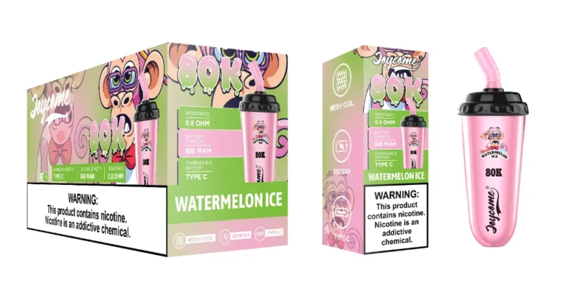 Joycome 80K Watermelon Ice disposable vape with retail packaging, 600mAh rechargeable battery, Type-C charging and 80,000 puffs.
