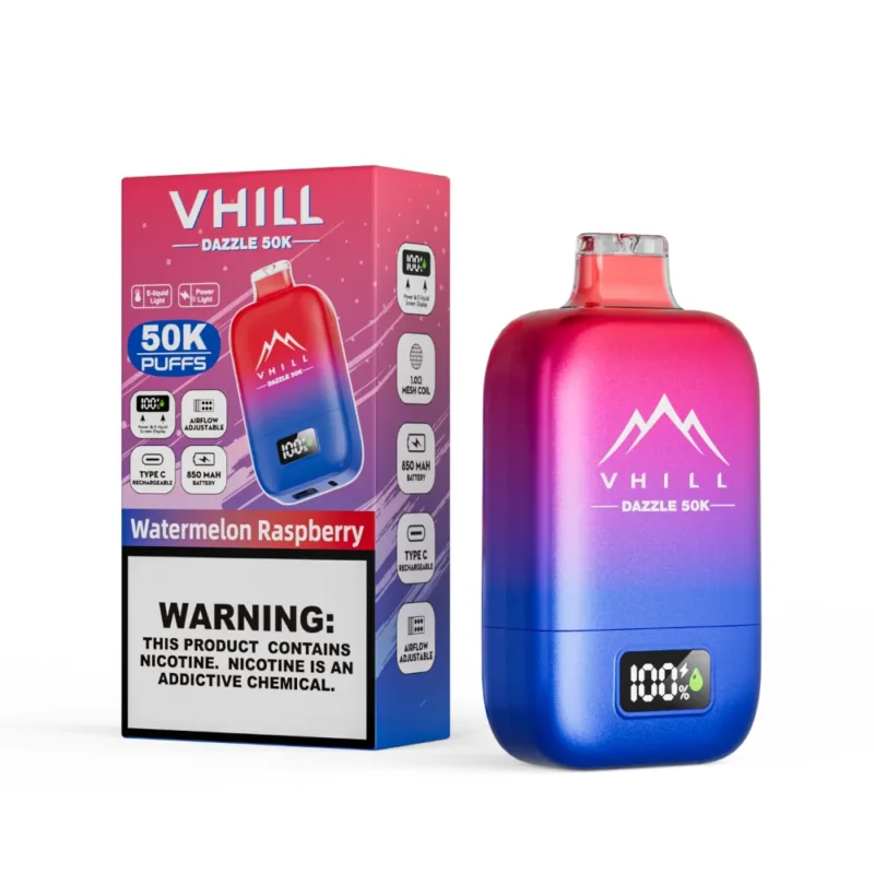VHILL Dazzle 50K green vape and retail box with Type-C charging, adjustable airflow and mesh coil