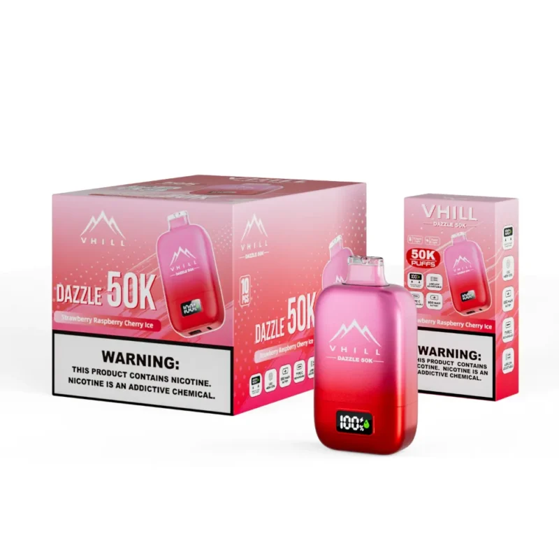 VHILL Dazzle 50K red disposable vape featuring rechargeable battery, LCD screen and smooth mesh coil performance