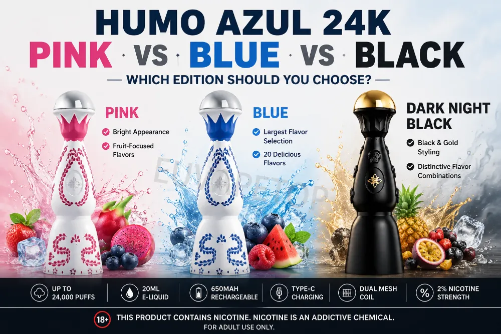 Comparativa entre HUMO AZUL 24K Rosa, Azul y Negro, en la que se muestran las diferencias de diseño, la selección de sabores y las especificaciones principales