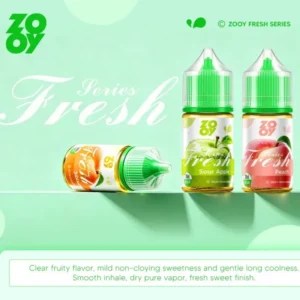 Zooy Fresh Series 30ml vape bottle with blue label and clear liquid.