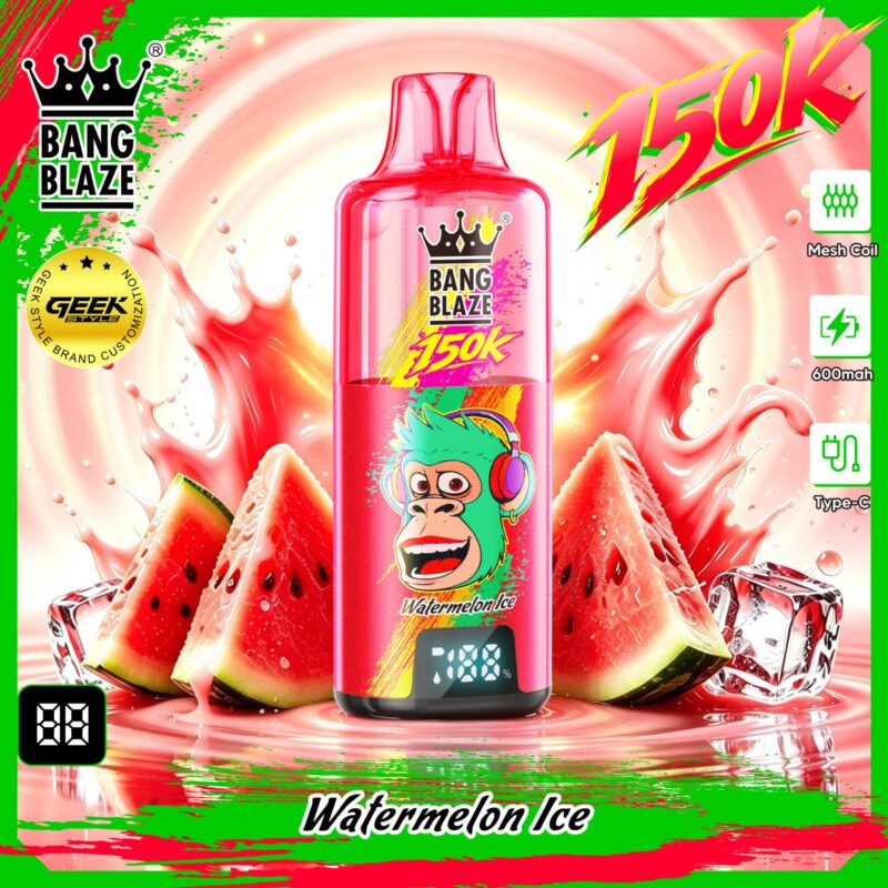 bang-blaze-150k-watermelon-ice Bang Blaze 150K disposable vape Watermelon Ice flavor with digital display, 600mAh battery and Type-C charging