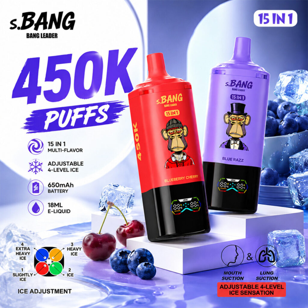 Bang Leader 450K – Produktplakat mit Angaben zu 450.000 Zügen, 18 ml E-Liquid und einem 650-mAh-Akku