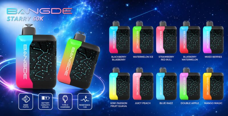 Vape desechable Bangde Starry 60K: gama completa de 10 sabores con 60 000 caladas, batería de 650 mAh y resistencia de 1,0 ohmios.