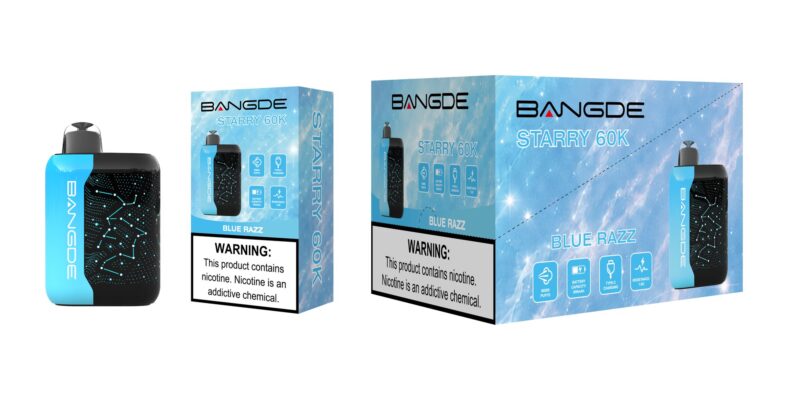 Dispositivo Bangde Starry 60K Blue Razz con caja de venta al público y embalaje de cartón