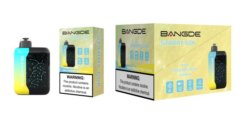Dispositivo Bangde Starry 60K con sabor a kiwi, maracuyá y guayaba, con caja de venta al público y embalaje de cartón