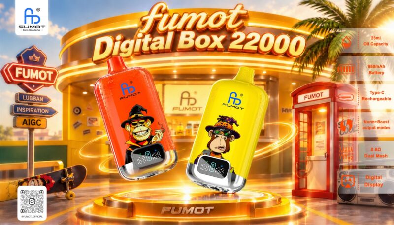 Cartel promocional del cigarrillo electrónico desechable Fumot Digital Box 22000, escena en una piscina