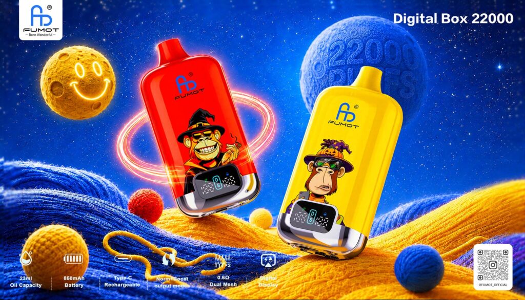 Fumot Digital Box 22000 disposable vape red and yellow devices promotional poster