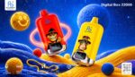 Cartel promocional de los dispositivos de vapeo desechables Fumot Digital Box 22000 en rojo y amarillo