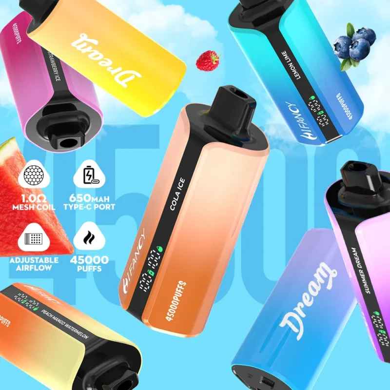 HiFancy Dream 45000 disposable vape in multiple flavors including Cola Ice, Lemon Lime, Strawberry Ice and Summer Dream