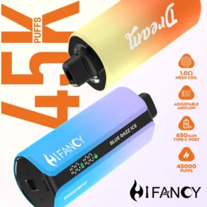 HiFancy Dream 45K disposable vape with smart display, 1.0Ω mesh coil, adjustable airflow and 650mAh Type-C port
