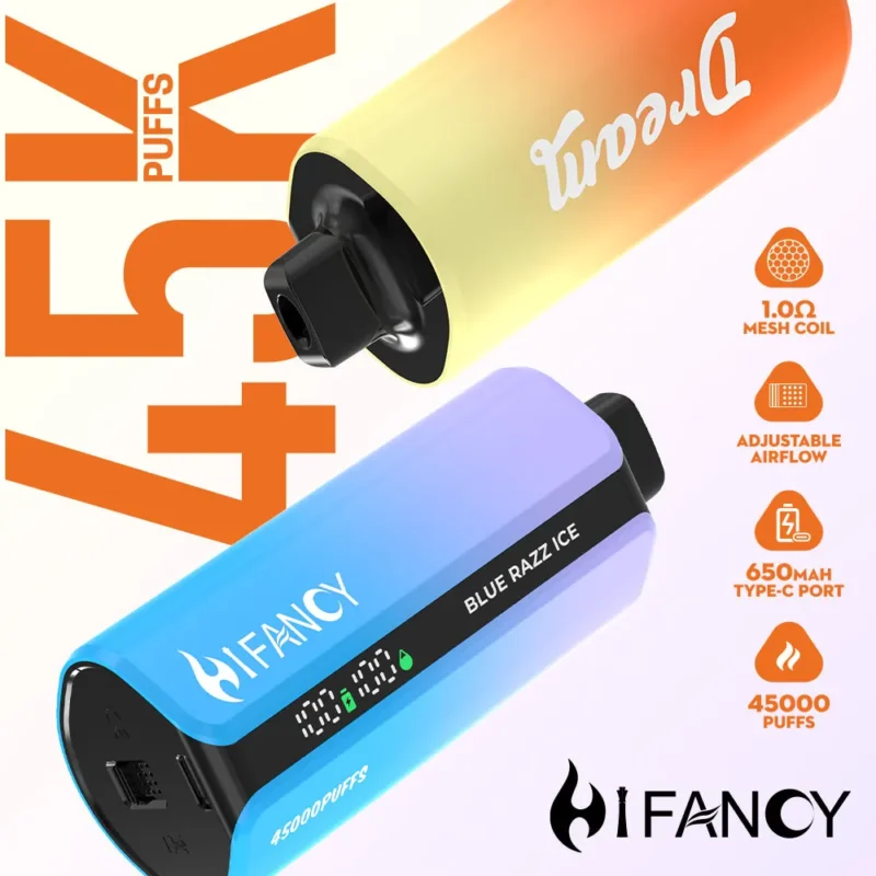 hifancy-dream-45k-hero HiFancy Dream 45K disposable vape with smart display, 1.0Ω mesh coil, adjustable airflow and 650mAh Type-C port