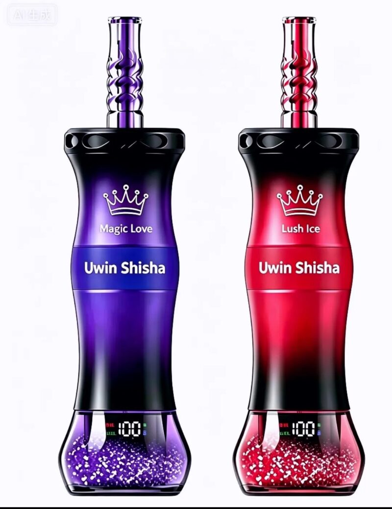UWIN Shisha 300K: dos dispositivos con pantalla digital que muestra el nivel de e-líquido y la potencia