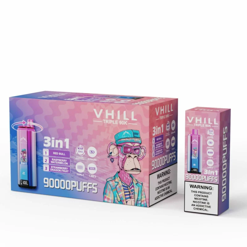 VHILL Triple 90K disposable vape Mixed Berry / Strawberry Kiwi / Strawberry Vanilla Coke flavor combination box