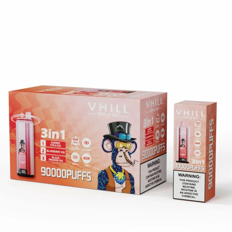 VHILL Triple 90K disposable vape Red Bull / Raspberry Watermelon / Strawberry Dragon Fruit flavor combination box