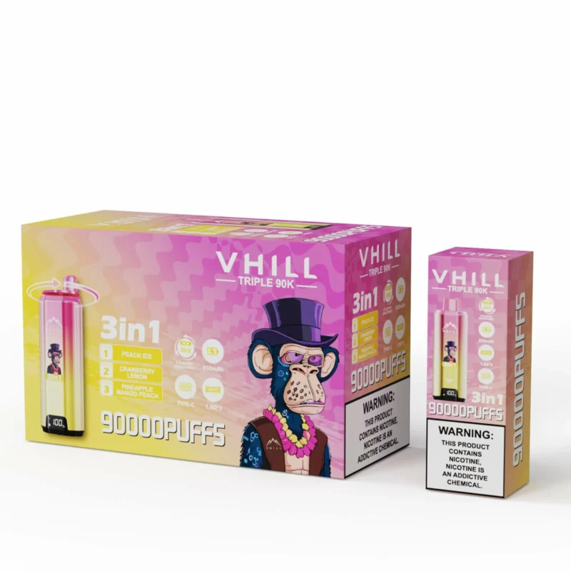 VHILL Triple 90K disposable vape Peach Ice / Cranberry Lemon / Pineapple Mango Peach flavor combination box