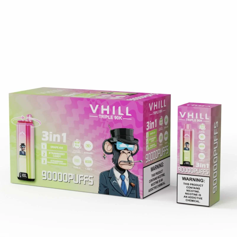 VHILL Triple 90K disposable vape Grape Ice / Strawberry Candy / Strawberry Raspberry Cherry flavor combination box