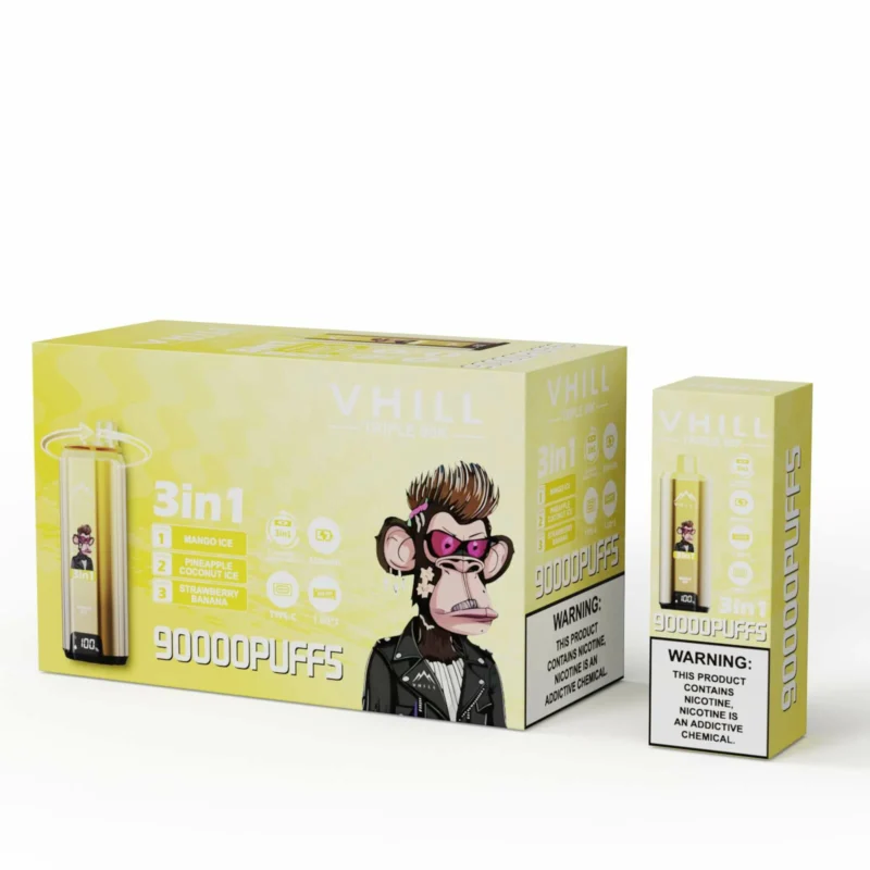 VHILL Triple 90K disposable vape Strawberry Banana / Pineapple Coconut Ice / Mango Ice flavor combination box
