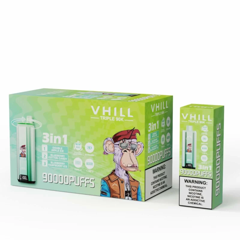 VHILL Triple 90K disposable vape Blueberry Raspberry Ice / Blueberry Cotton Candy / Double Apple Ice flavor combination box