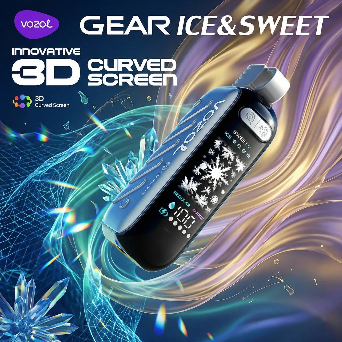 VOZOL Gear Ice & Sweet 50K curved display showing battery and e-liquid levels