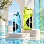 Two VOZOL Neon 60K vapes in blue and green next to a swimming pool